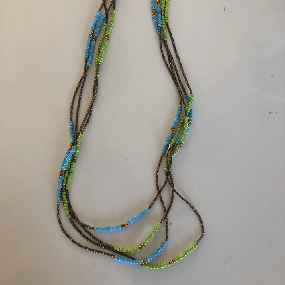 Blue and green beaded long necklace